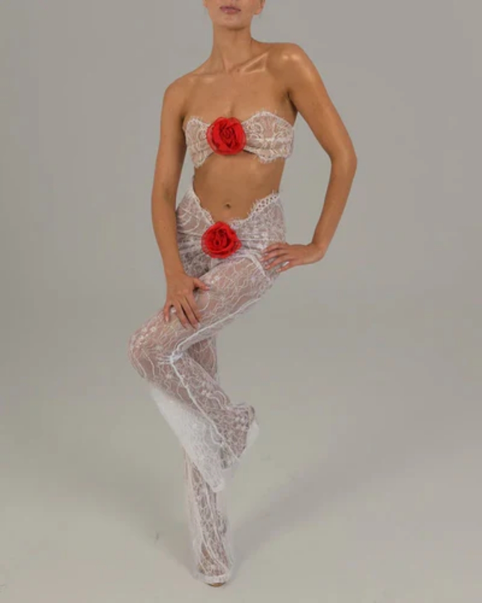 Clémanthe – Sheer lace elegance – Chiffon rose jumpsuit