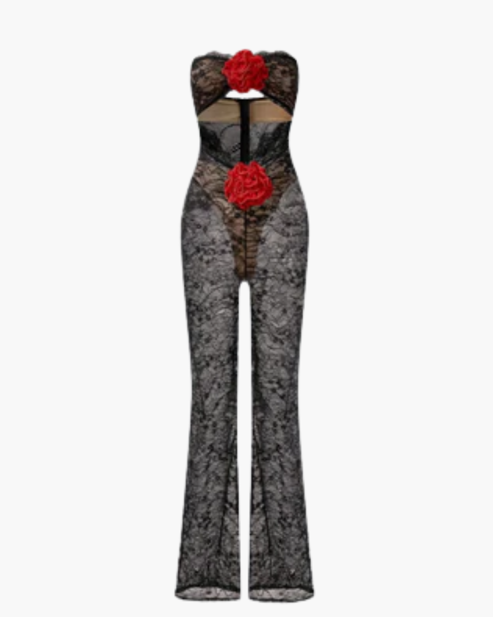 Clémanthe – Sheer lace elegance – Chiffon rose jumpsuit