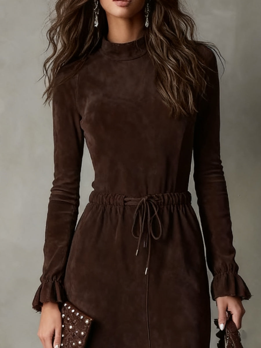 Elegant Midi Dress in Dark Brown Suede with Waist Tie