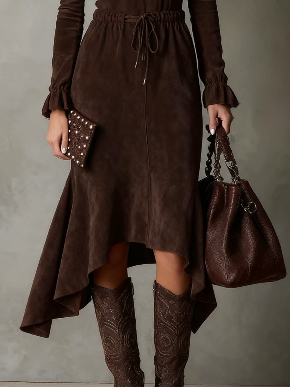 Elegant Midi Dress in Dark Brown Suede with Waist Tie